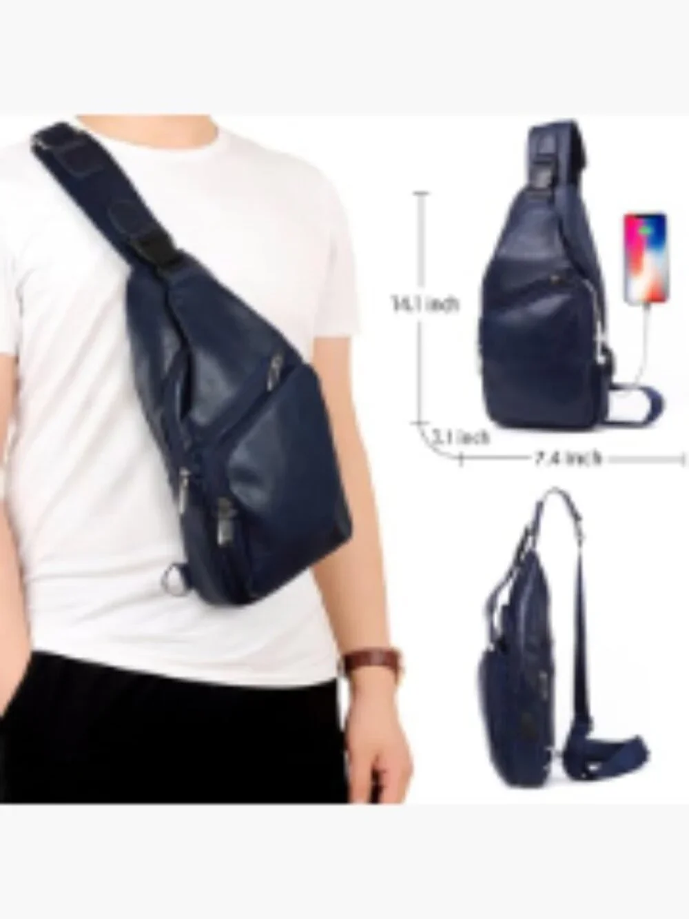 Lightweight Waterproof PU Leather Sling Bag with USB Charging Port